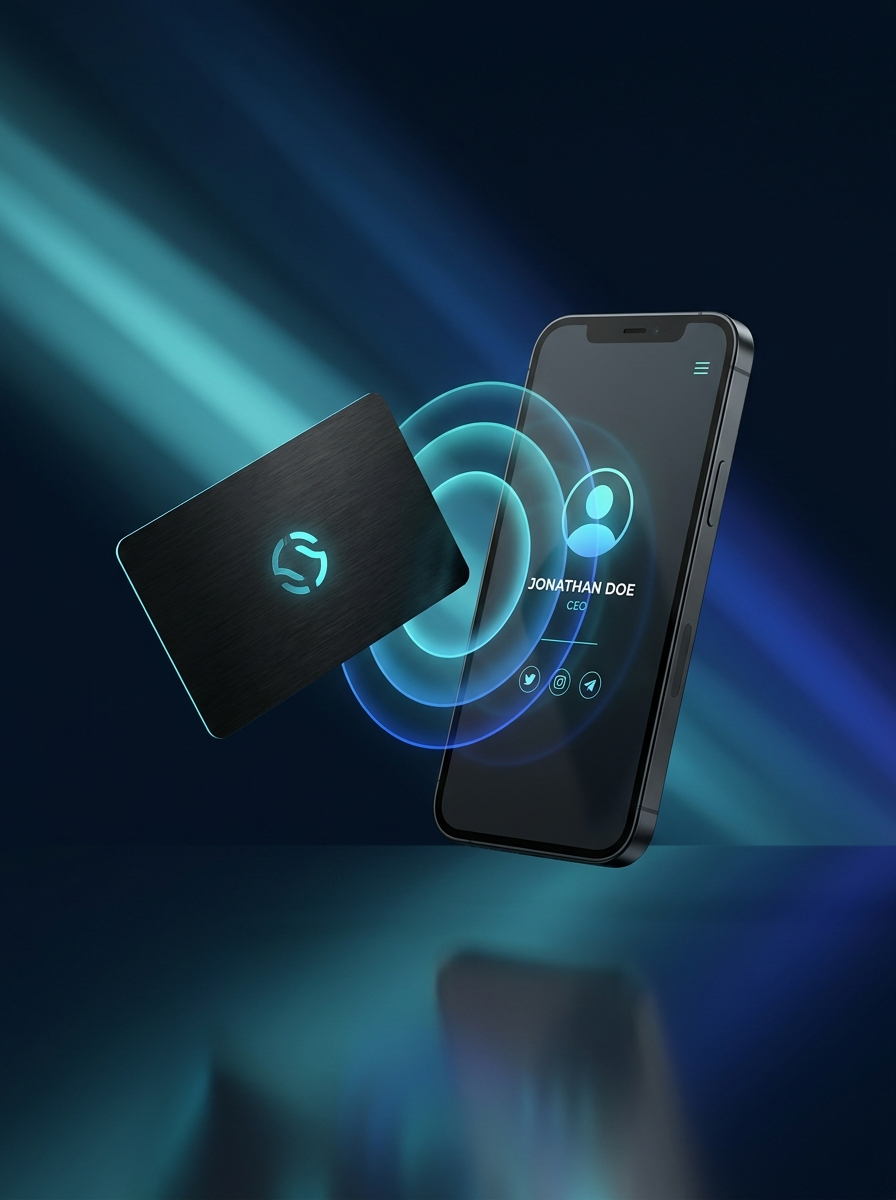 Carte de visite NFC PVC Linqo près d'un smartphone affichant un profil de contact